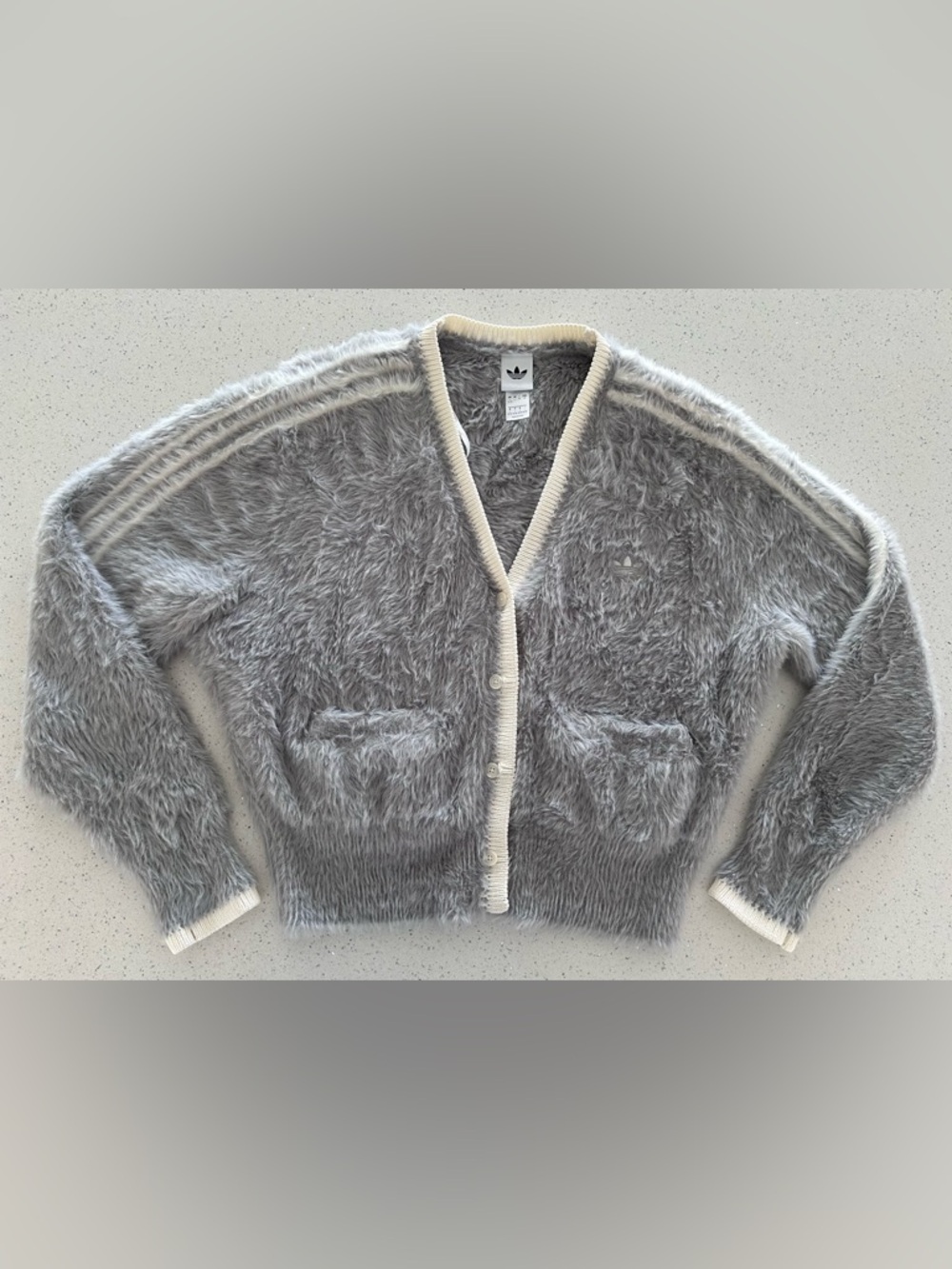 adidas Light Grey Fuzzy V-Neck Cardigan with Cream Trim Asia Exclusive US Large - Picture 7 of 14